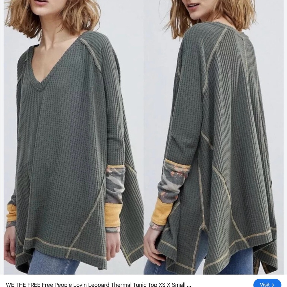 We The Free Olive V-Neck Tunic Thermal Top, Size M, Oversized fit, EUC